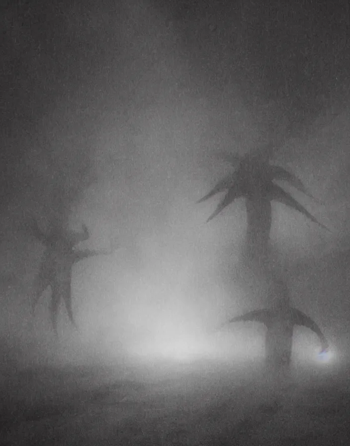 Image similar to very low - resolution found footage of a couple escaping in the city from a starfish kaiju monster, fog, foggy, korean film noir, monochrome, red hue, thriller, underdeveloped, epic, dramatic