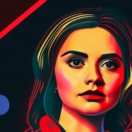 Image similar to a portrait of jenna coleman in retro colors, synthwave style, 2 d digital vector art