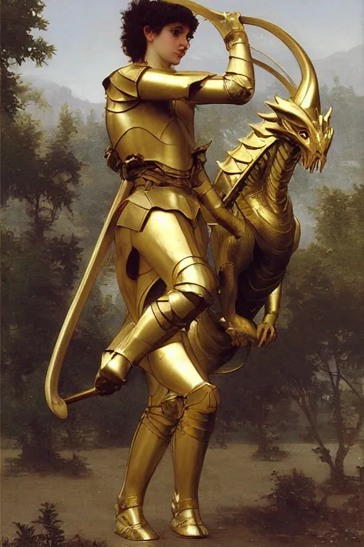 Image similar to a knight in gold armor battling a dragon style of William Adolphe Bouguereau