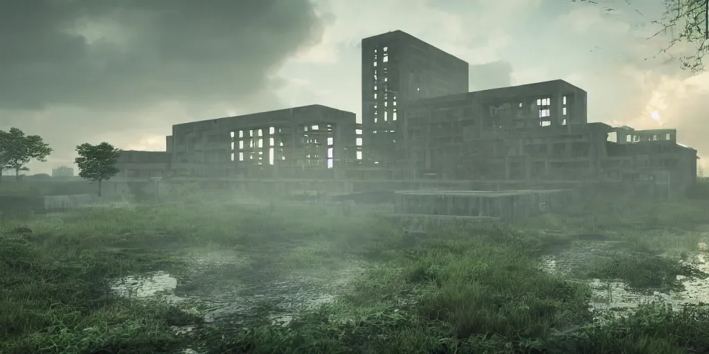 Image similar to brutalist architecture abandoned hospital, surrounded by lush green forest and murky ponds of water, stunning volumetric lighting, sundown, stunning skies, trending on Artstation, 8k, photorealistic, hyper detailed, unreal engine 5, IMAX quality, cinematic, epic lighting, cryengine, octane render, gloomy, foggy, dark