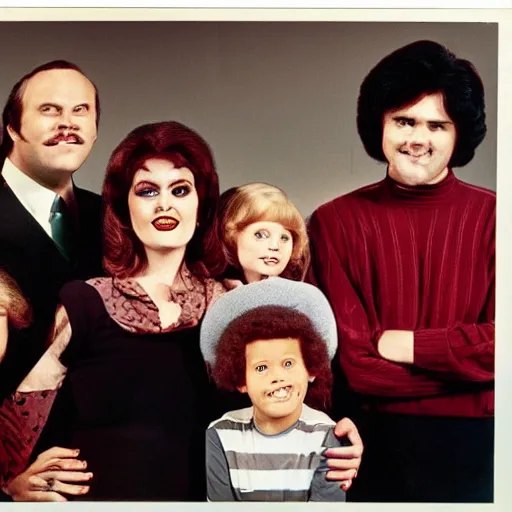 Image similar to vintage 1 9 8 0's sitcom publicity photo, a happy photogenic family wearing black cult robs and a large giant evil demonic horrifying angry detailed monstrous demon creature inside a 1 9 8 0's sitcom living room