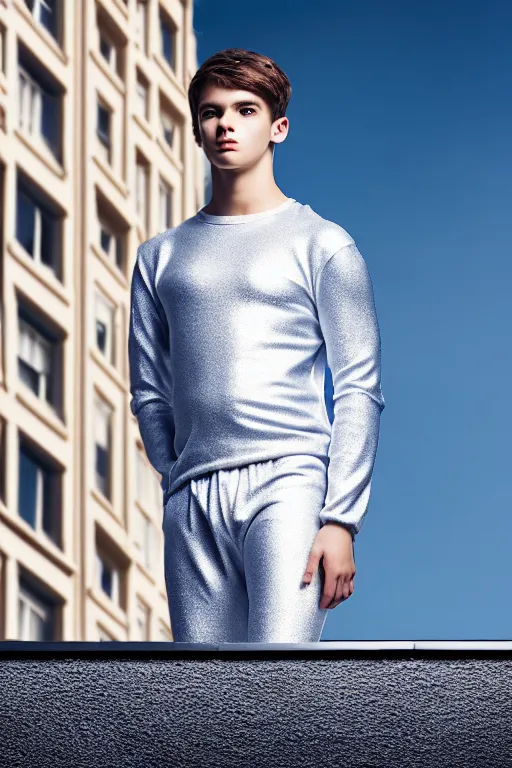 Image similar to un ultra high definition studio quality photographic art portrait of a young man standing on the rooftop of a british apartment building wearing soft padded silver pearlescent clothing. three point light. extremely detailed. golden ratio, ray tracing, volumetric light, shallow depth of field. set dressed.