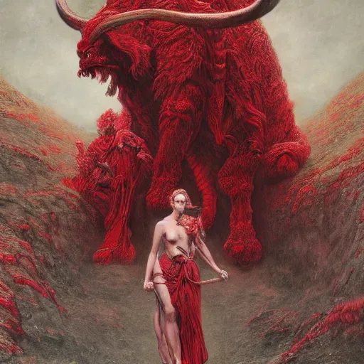 Image similar to a photographic portrait of a scarlet - colored beast with seven ( 7 ) heads and ten ( 1 0 ) horns by gustave dore and stephen hickman and allen williams, trending on artstation, cgsociety, 4 k hd, earthtone colors, a woman riding the back of the beast