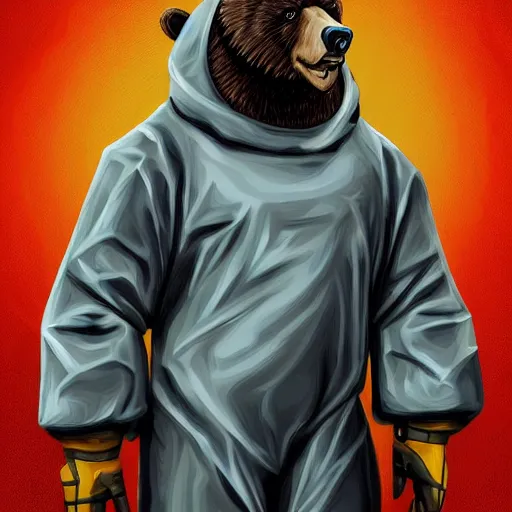 Image similar to portrait of bear beast-man wearing a hazmat suit, digital art, concept art, highly detailed, sharp focus