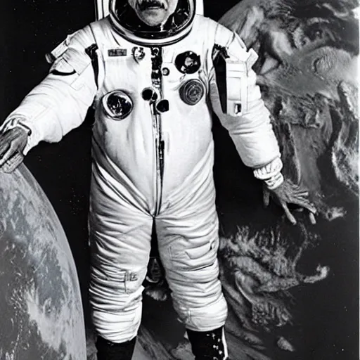 Image similar to albert einstein in space wearing a spacesuit shocked seeing earth is flat