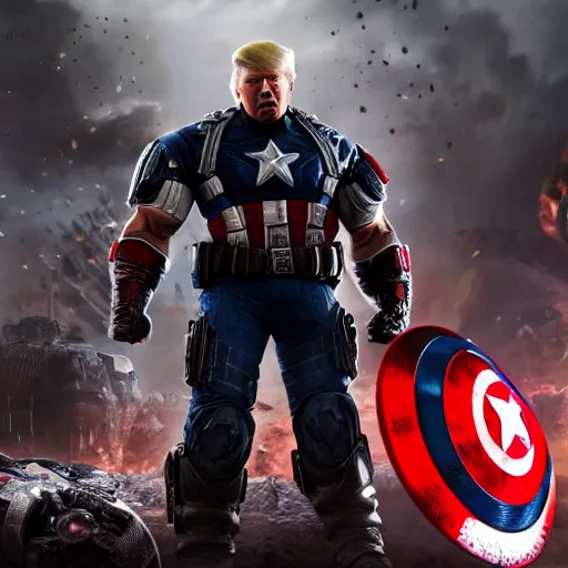 Image similar to Portrait of Donald Trump as ((captain america)) in Gears of War, patriotic, splash art, movie still, cinematic lighting, dramatic, octane render, long lens, shallow depth of field, bokeh, anamorphic lens flare, 8k, hyper detailed, 35mm film grain