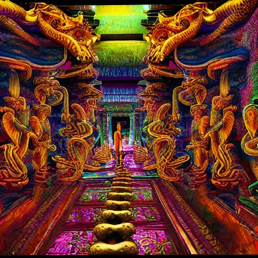 Prompt: Photorealistic man inside a temple made of snakes. Hyperdetailed photorealism, 108 megapixels, amazing depth, glowing rich colors, powerful imagery, psychedelic Overtones