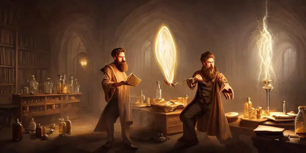 Image similar to a handsome bearded caucasian male sorcerer with brown hair, he is in a alchemist lab filled with beakers and equipment, he is casting a spell from a open book with magic filling the room, neutral pose, epic composition, 4 k, light rays, super coherent, by dave melvin, dan luvisi and greg rutkowski