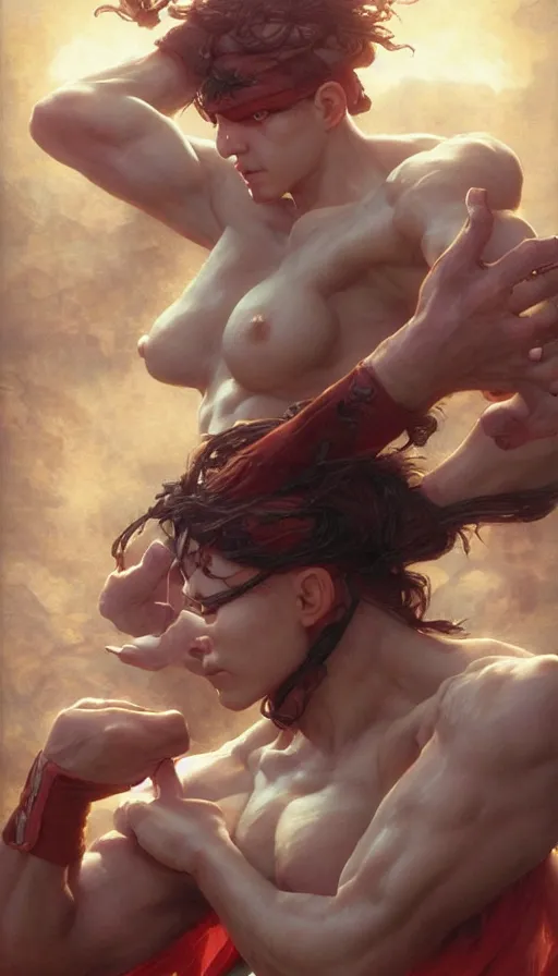 Image similar to epic masterpiece street fighter, sweaty skin, hyperrealistic, octane render, cinematic, beautiful face and flawless skin, perfect hands, 5 fingers, by Edgar Maxence and Ross Tran and Michael Whelan, Legends of Runeterra