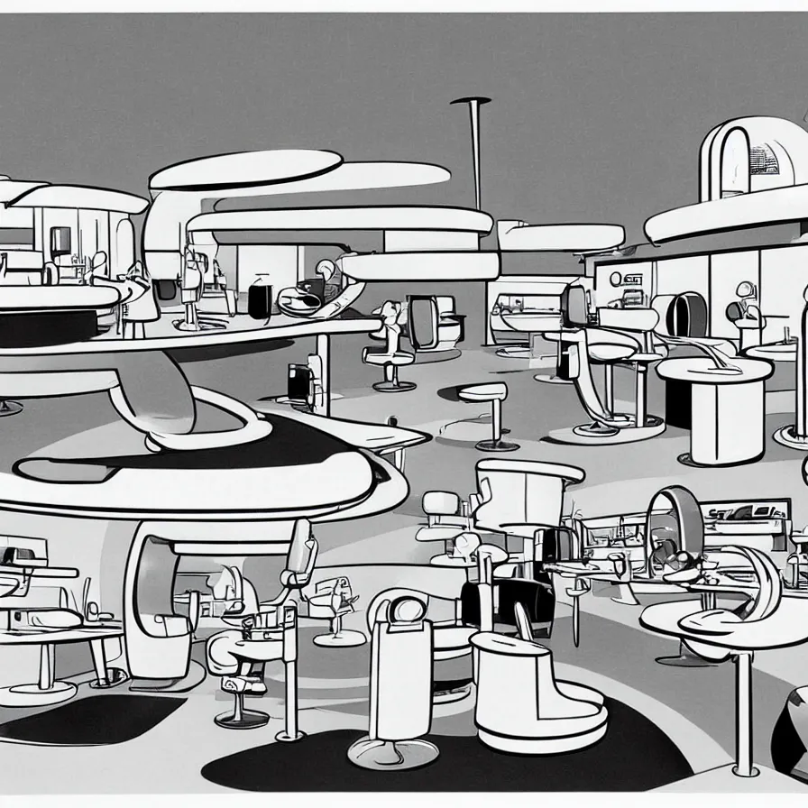 Image similar to concept art of jetsons cartoon scenario of a futuristic hair salon, painted by dieter rams