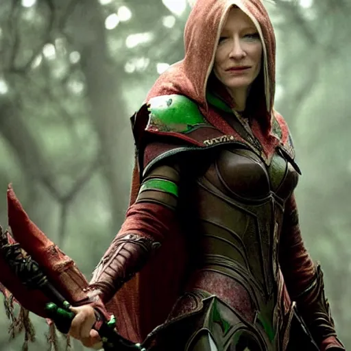 Image similar to a movie still photograph of cate blanchett as lady sylvanas windrunner