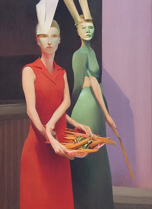 Image similar to women in paper bag over the head and a sward at high fashion podium restaurant Edward Hopper and James Gilleard, Zdzislaw Beksinski, highly detailed