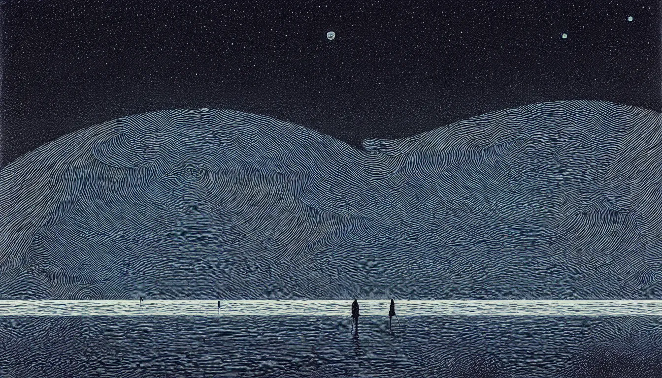 Image similar to standing at the edge of a lake looking at reflections of the night sky by nicolas delort, moebius, victo ngai, josan gonzalez, kilian eng