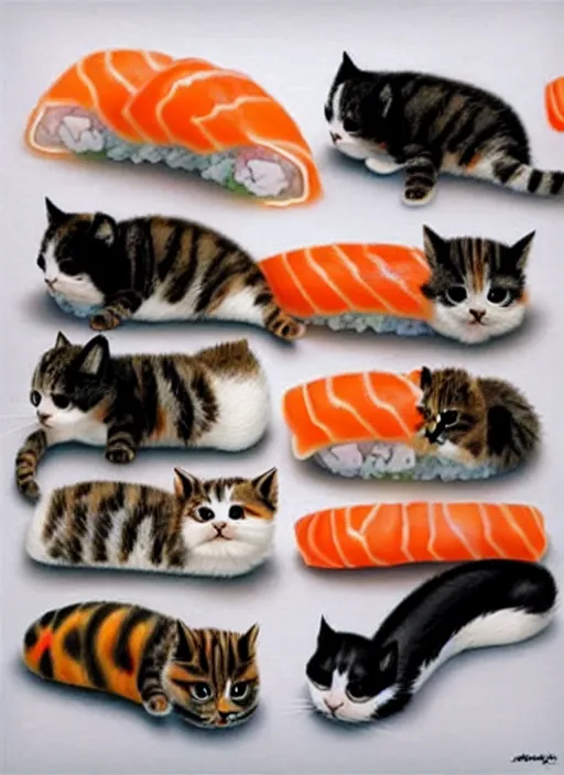 Image similar to clear photorealistic picture of adorable cats made out of sushi