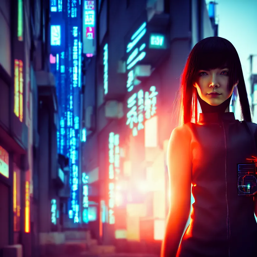 Image similar to a photo close up cyberpunk cyborg girl stands in a cyberpunk hiroshima, prefecture streets, sunset, photorealistic, cinematic lighting, very detailed, style by tomino - sama