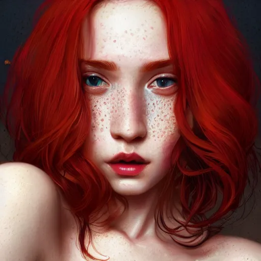 Prompt: close up portrait of a beautiful girl with red hair and freckles, happy intricate, elegant. highly detailed, digital painting, artstation, concept art, smooth, sharp, focus, illustration. background is purple, art by artgerm and greg rutkowski and alphonse mucha,