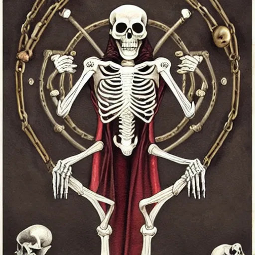 Prompt: A dark art nouveau painting of a skeleton sorcerer holding a big grimoire with chains by Darkchylde and Julia Yurtsev, Ruby insets, monstrous skull, muted colours, 4k, trending on artstation, pinterest, pixiv