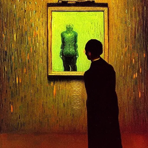 Prompt: A reinforcement learning agent recognizes itself in the mirror- contest-winning artwork by Salvador Dali, Beksiński, Van Gogh and Monet. Stunning lighting