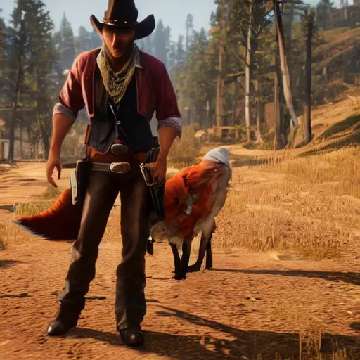 Prompt: video game screenshot of an anthropomorphic fox wearing western clothing as a character in red dead redemption 2