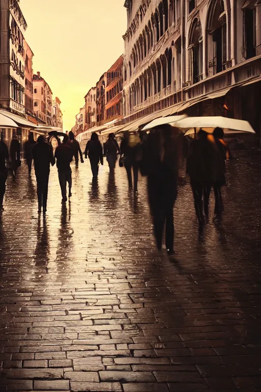 Image similar to crowd of people walking on rainy street at dusk golden hour , hyper-realistic environment, new york , venice