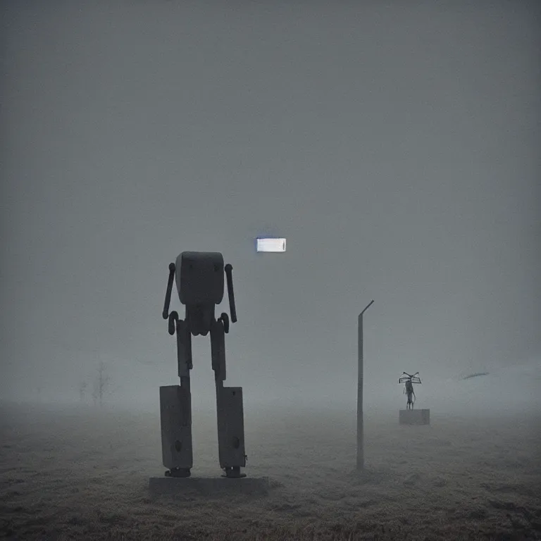 Prompt: a sole lanky liminal observer droid by dennis mejillones, in a brutalist yet rural landscape by simon stalenhag, 3 5 mm film photography, dawn, eerie fog