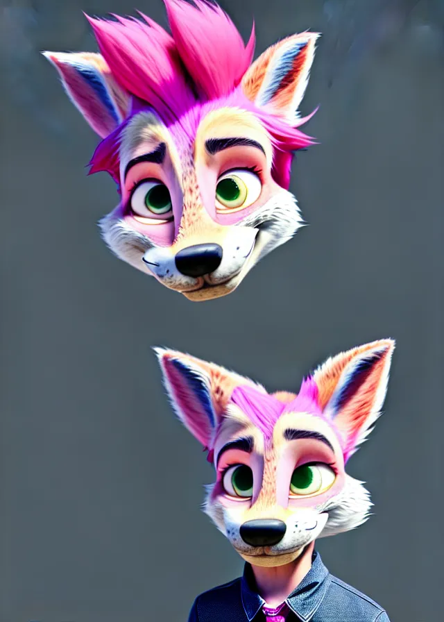 Image similar to portrait of a cute male boy with pink hair and pink wolf ears and freckles stylish clothes in a city in the style of zootopia, disney, volumetric lighting, subsurface scattering, photorealistic, octane render, random artists