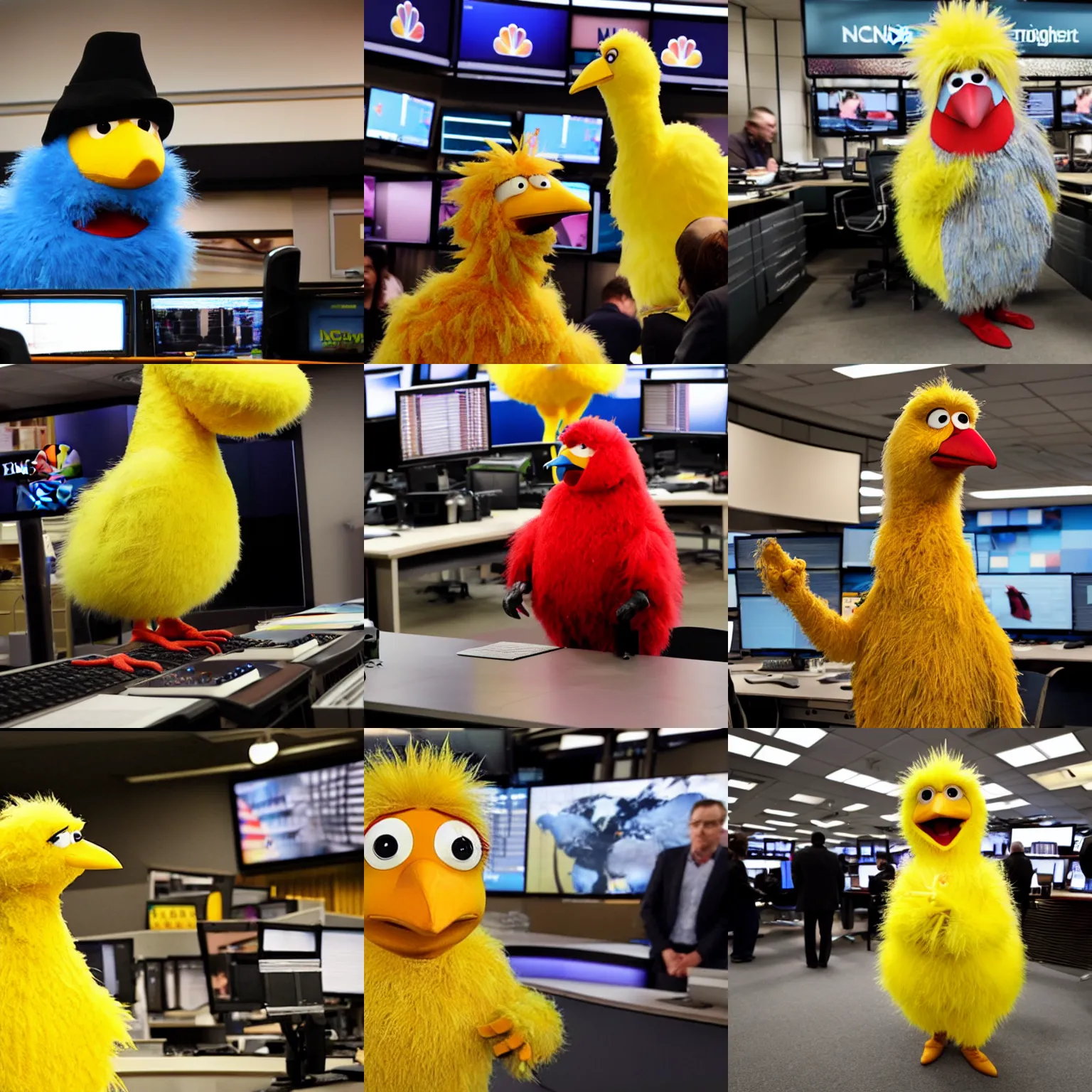 Prompt: bigbird in nbc newsroom