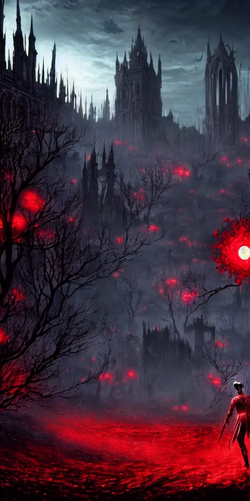 Image similar to populated bloodborne old valley with a dark person at the centre and a ruined gothic city in the background, trees and stars in the background, falling red petals, epic red - orange moonlight, perfect lightning, wallpaper illustration by niko delort and kentaro miura, 4 k, ultra realistic