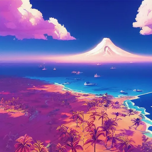 Image similar to a painting a breathtaking aerial view of Hawaiian islands, surrounded by palm trees, clouds, flowers, volcano, azure ocean, sunlight glistening, glow, , a detailed matte painting by sylvain sarrailh, Stephan Martinière, by RHADS, Makoto Shinkai, bokeh, Artstation contest winner, fantasy art, concept art, #vfxfriday