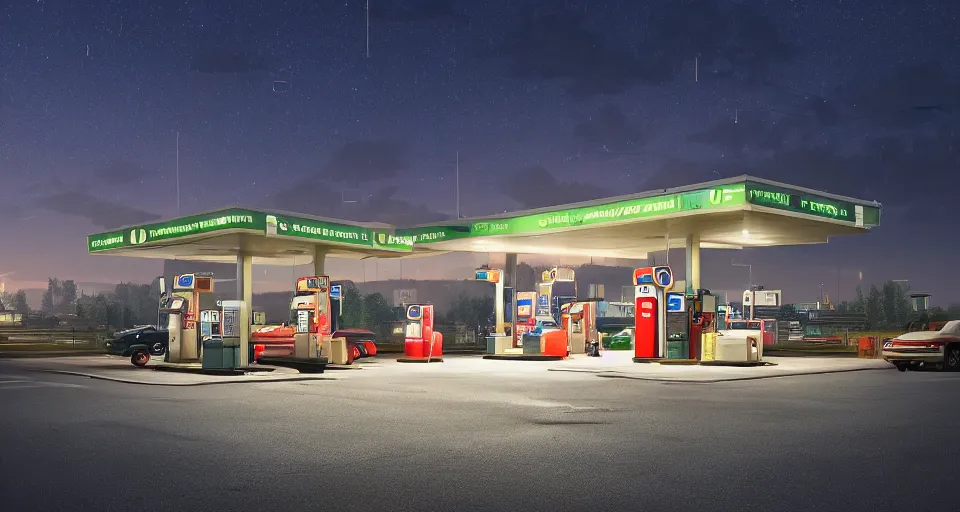 Image similar to a quaint suburban gas station at night. a colossal science fiction mech looms in the distance, realistic rendering, unreal engine, 4k, hdr, high dynamic range, f12, simon stalenhag