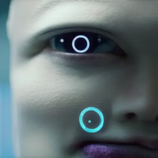 Image similar to film still of Black Mirror Episode about an Artificial Intelligence that becomes Sentient , VFX, 2022, 40mm lens, shallow depth of field