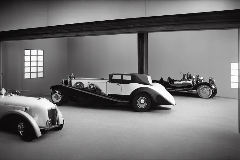 Image similar to duesenberg model sj concept, inside of a minimalist Tokyo garage, ektachrome photograph, volumetric lighting, f8 aperture, cinematic Eastman 5384 film