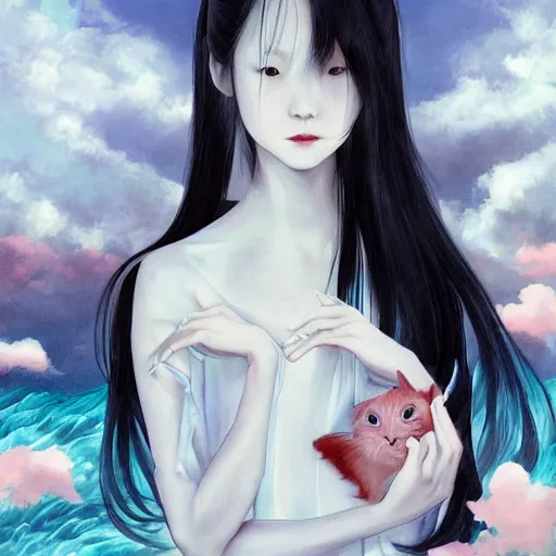 Image similar to style of Guo Hua ,young vampire and her black cat Portrait by Miho Hirano, full body , realistic, detailed, white, light pink tonalities, beautiful collage technique including clouds, sea, wind, ornate sea background, beautiful Fantasy detailed trending on artstation, oil painting,Dramatic lighting, eterea , high quality print, fine art with subtle redshift rendering