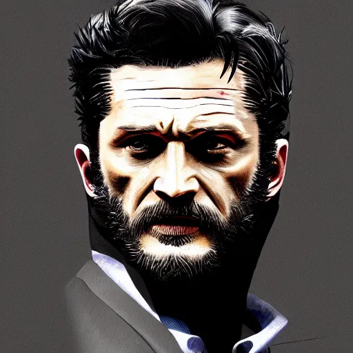 Image similar to Tom Hardy as wolverine in Black leather suit Digital art 4K quality Photorealism