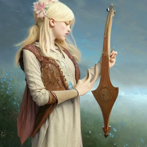 Prompt: elf fairy blond with a beautiful face, holding a lute, wearing a cardigan, highly detailed, intricate, digital painting, artstation, sharp focus, illustration, art by jakub rozalski, greg rutkowski, artgerm, tan zi and ayanamikodon and alphonse mucha and wlop