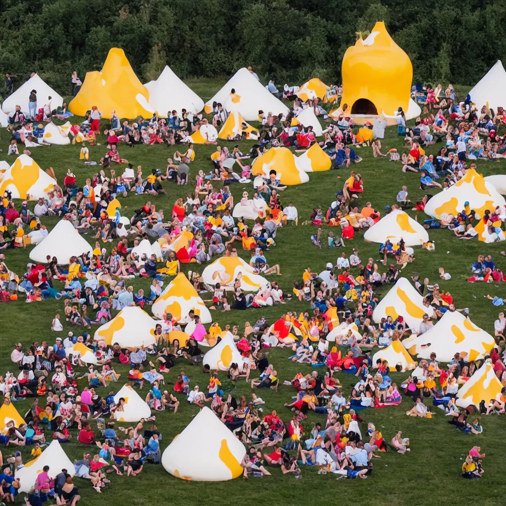 Image similar to festival theme camp called the poppin'kernels, with giant popcorn and movie projector outdoors at dusk