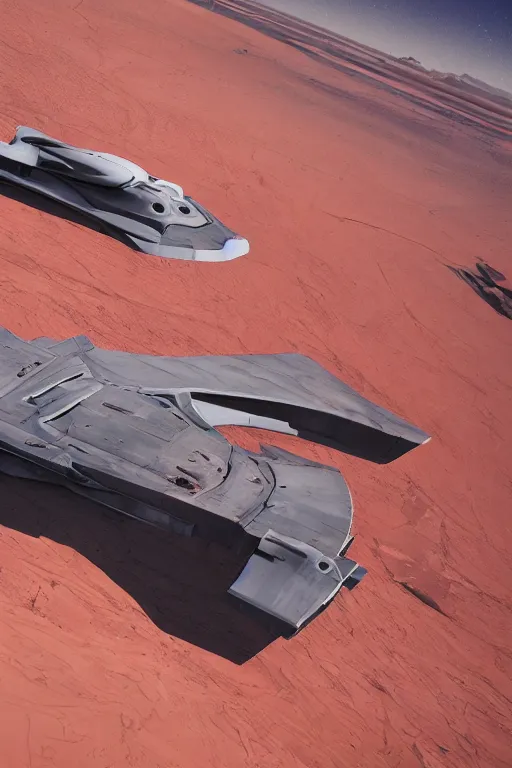 Prompt: professional photograph of a beautiful neo - futuristic simplified symmetrical space fighter docked on a desert plateau by ilm, denis villeneuve, emmanuel shiu, zaha hadid, vapor, cinematic architectural scale, red paint detail, manga, dramatic, volumetric, concept art, hard surface, hyperrealism, high detail, trending on artstation, sharp focus, rendered in octane
