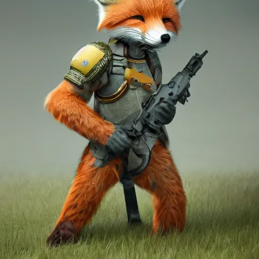 Prompt: a cute!!!! furry fox soldier, with cute friendly eyes, standing on a battlefield, color war photo, highly detailed, octane render, trending on artstation.