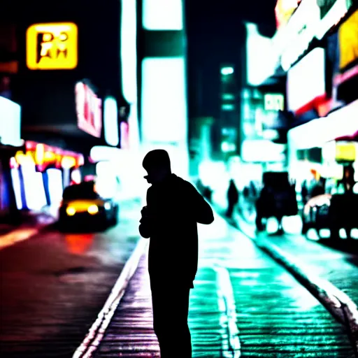 Image similar to silhouette of man smoking cigarette on busy city street, nighttime, neon colors, beautiful close-up photography, 8K