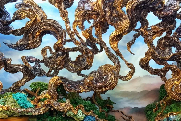 Image similar to a huge ultra detailed flock of many smooth puffy sculptural whirling elegant clouds with filigreed twisting turning gemstone crystal sculptures, art nouveau jungle environment, soothing, crepuscular, award winning art, epic dreamlike fantasy landscape, ultra realistic,