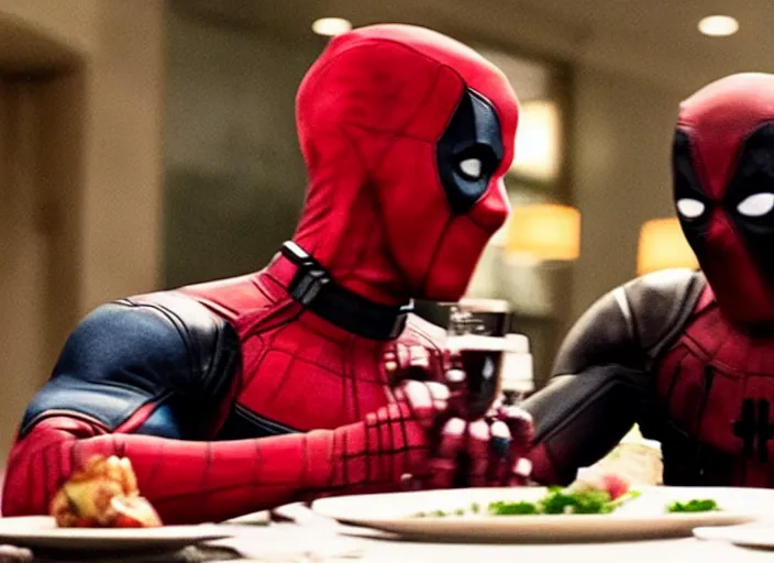 Prompt: film still of Deadpool having a romantic dinner with Spiderman in the new Deadpool movie, 4k