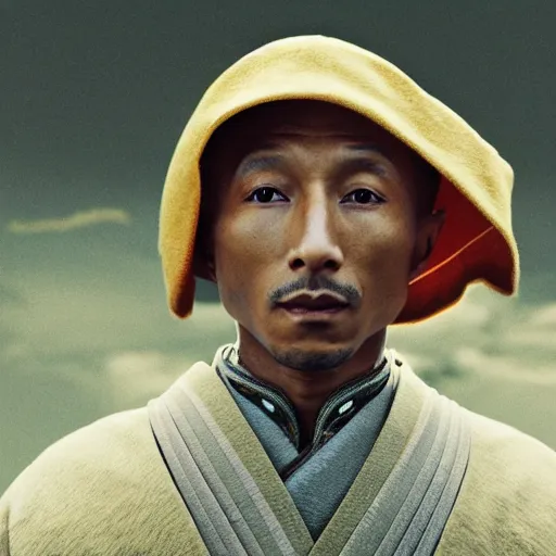 Image similar to cinematic film still Pharrell Williams starring as a Samurai holding fire, Japanese CGI, VFX, 2003, 40mm lens, shallow depth of field,film photography