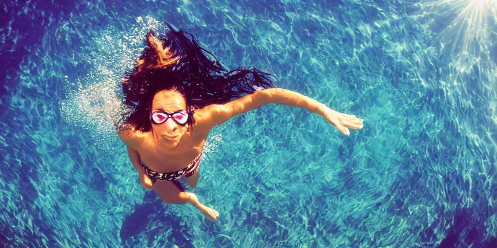 Image similar to wide angle view, looking up, beautiful woman of color swimming in ocean , boat, sun rays ,caustics , 35mm film , cinematic, underwater photography