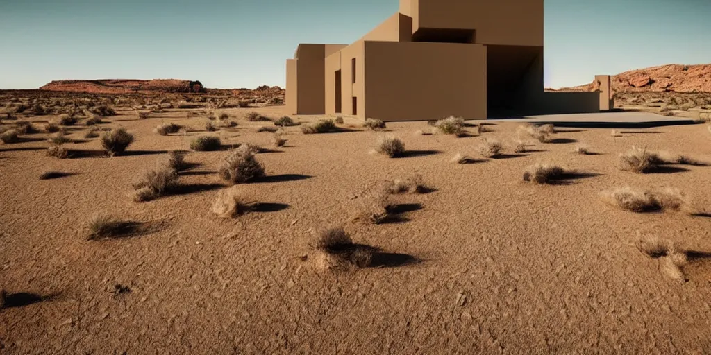 Prompt: a brutalist building in a stunning desert landscape inspired by altor aalto, architecture, bauhaus, pop surrealism, surrealism,