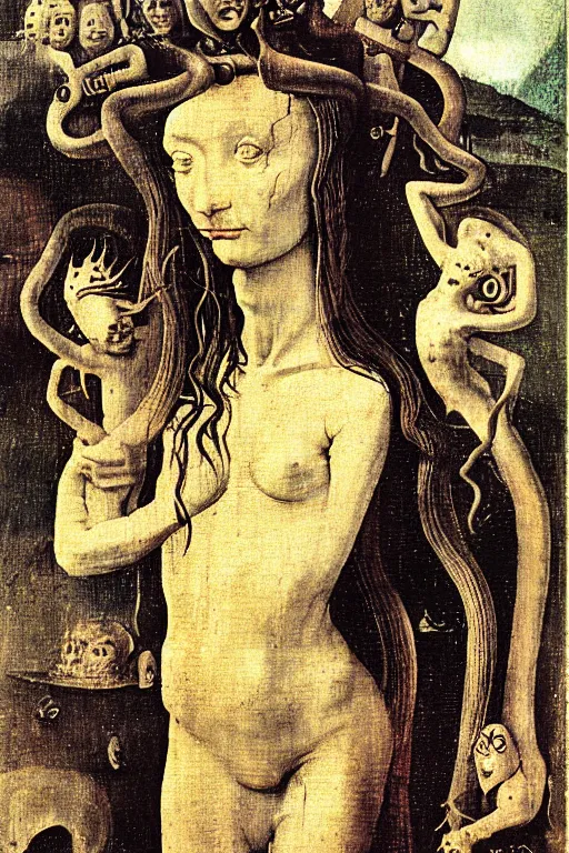 Prompt: An instax film still of Medusa by Hieronymus Bosch, by Salvador Dali