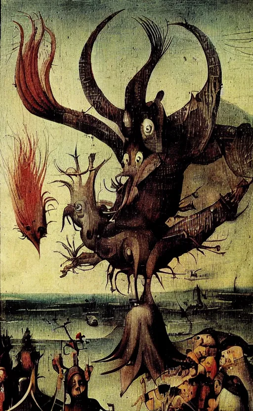 Prompt: a propaganda shitpost featuring a biopunk phoenix by Hieronymus Bosch