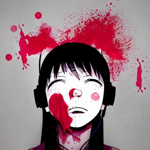 Prompt: bloodied anime girl loses headphones, noise rock album cover