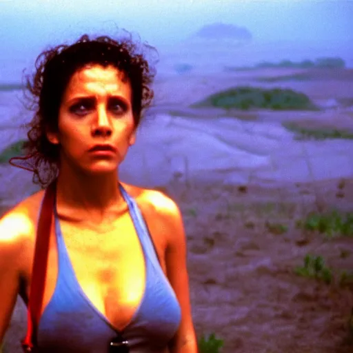 Prompt: film still, extreme far view, elaine benes, jungle, vietnam door gunner, apocalypse now, associated press, 2 6 mm, kodak ektachrome, blue tint expired film