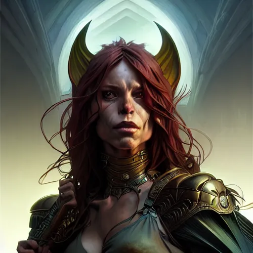 Image similar to An epic fantasy comic book style portrait of a female goblin, stormy setting, movie lightning, intricate, elegant, highly detailed, digital painting, artstation, concept art, matte, sharp focus, illustration, art by Artgerm and Greg Rutkowski and Alphonse Mucha