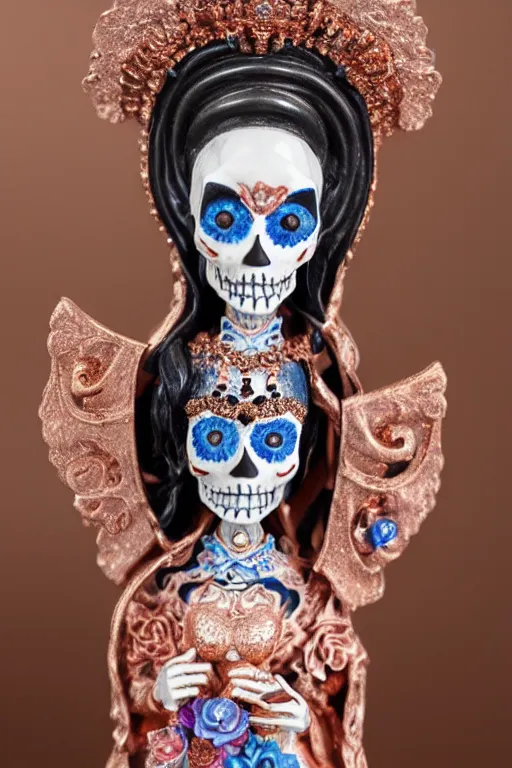 Image similar to an polished texturized sculpture of La Catrina in rose gold and white and blue chinese porcelain by kris kuksi